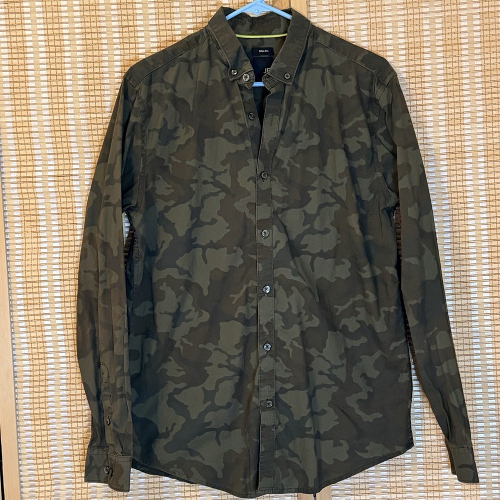 J Ferrar Mens M Long Sleeve Slim Button Up 15 15 1/2 Camouflage Green Streetwear